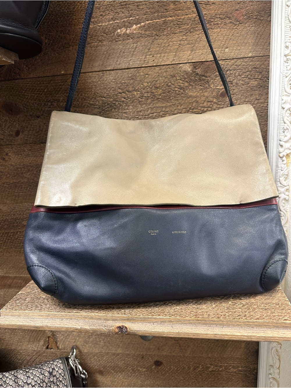 Celine Large Tri-Color Leather Foldover Hobo Shoulder Bag Made in Italy - Picture 10 of 12